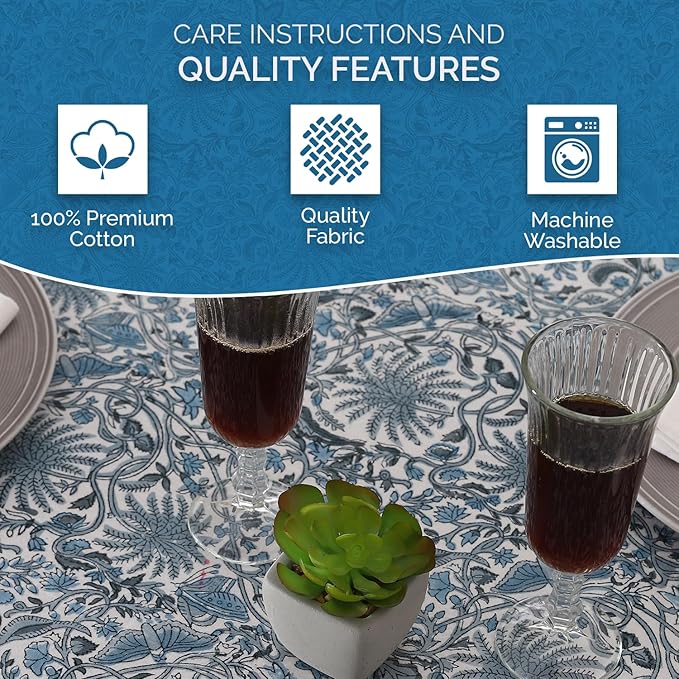 Labhanshi Indian Handblock Print Table Cloth|Cotton Floral 60x90 Inch Rectangle 6-Seater Patio Table Cover for Event, Wedding, Banquet & Parties|Washable Spring Easter Home Decor|Blue Butterfly