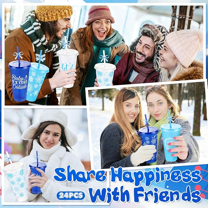 Yoiemivy 24 Pack Winter Plastic Cups Bulk 24 oz Reusable Snowflake Tumbler with Lids and Straws Holiday Party Christmas Drinking Cups for Holiday Party Favors Supplies