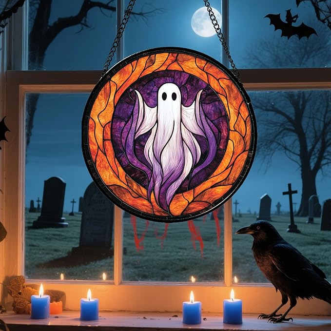 Stained Glass Window Hanging - Halloween Decorations White Purple Ghost Suncatcher for Doors Garden Indoor Spooky Funny Sun Catchers Gothic Decor Horror Gifts for Women Men Friend 15 in