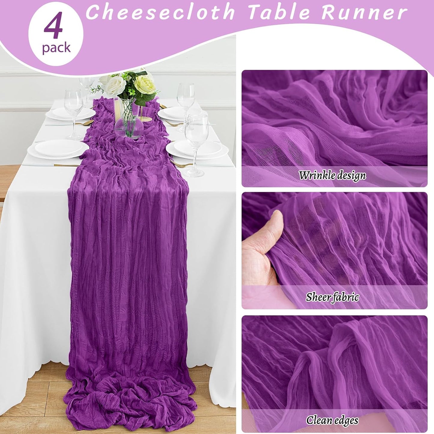 4Pack Purple Table Runner 10FT Cheesecloth Table Runner 35x120Inch Long Boho Cheese Cloth Table Runners Rustic Gauze Table Runners for Party Wedding Bridal Shower Baby Shower Decorations