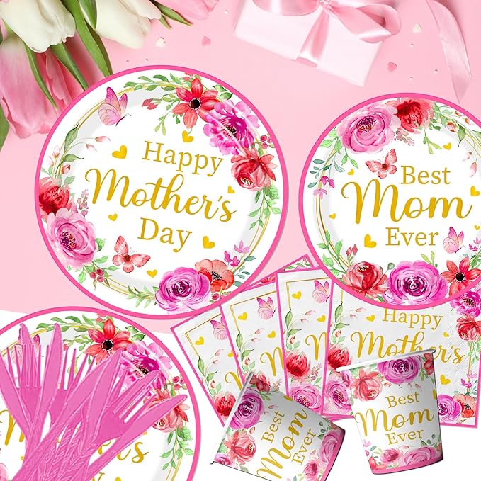 Mothers Day Decorations for Party,170Pcs Mother's Day Tableware Includes Happy Mothers Day Plates and Napkins,Tablecloth,Cups,Forks, Knives,Banner,Best Mom Ever Decoration,Sever 24