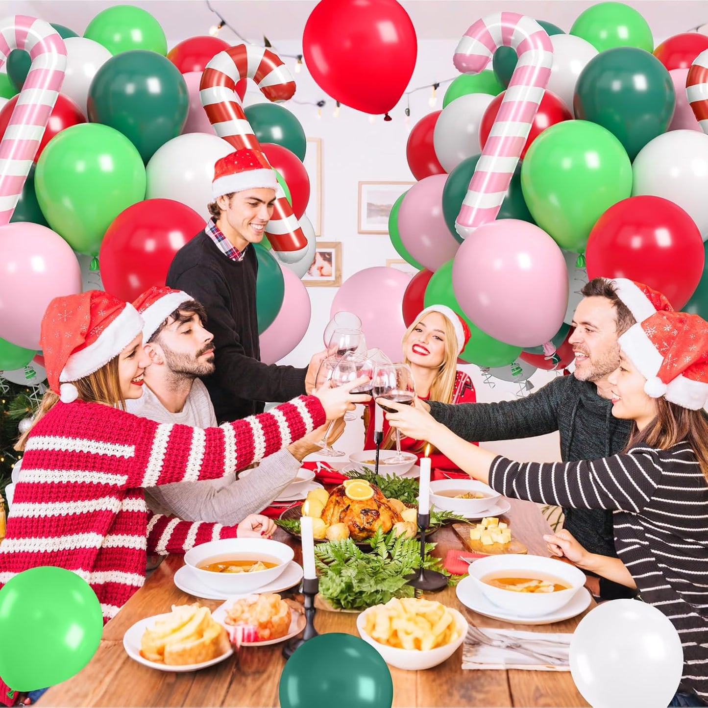 Christmas Balloons, 60pcs Pink Red Green Balloons with Candy Cane Foil Balloon, Retro Green and Pink White Xmas Party Balloon for Christmas Decorations Birthday New Year Carnival Party Supplies