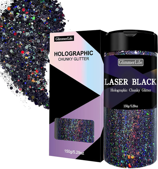 GlimmerLife Black Glitter, 150G/5.29OZ Glitter, Holographic Chunky Glitter, Craft Glitter for Resin, Epoxy Tumblers, Nail Art, Iridescent Metallic Sequin Flakes Bulk, Halloween Decorations