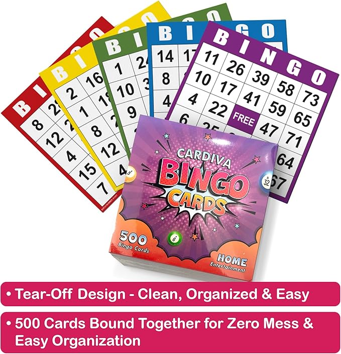 Cardiva Bingo Cards, 500 Unique Bingo Sheets (5 Colors, 4x4) – Disposable or Reusable Paper Bingo Cards for Large Groups, Parties, Classrooms, Events & Senior Game Nights – Tear-Off Pad-Bound Design
