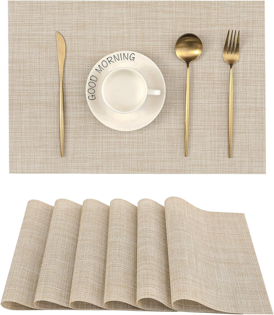Leetaltree Beige Placemats Set of 6 - Heat Resistant Non-Slip Place mats for Dining Table, Washable Durable PVC Vinyl Woven Table Mats（Beige, 6）