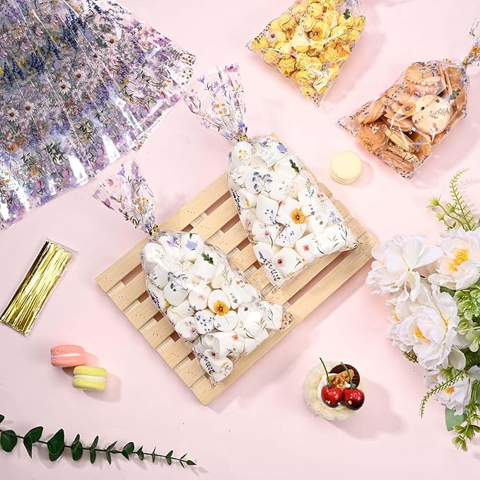 Sanixin 150Pcs Wildflower Party Cellophane Treat Bags Floral Goodie Candy Bags for Baby Shower Mother's Day Wedding Bridal Shower Birthday Party Supplies
