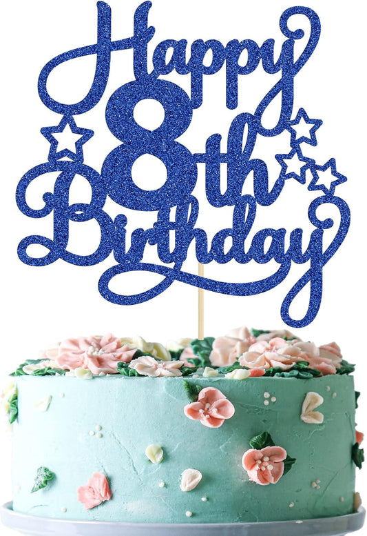 Happy 8th Birthday Cake Topper - Blue Glitter Cheers to 8 Years Old Cake Pick for Celebrating Anniversary Party Cake Decorations Supplies (1 Pack)
