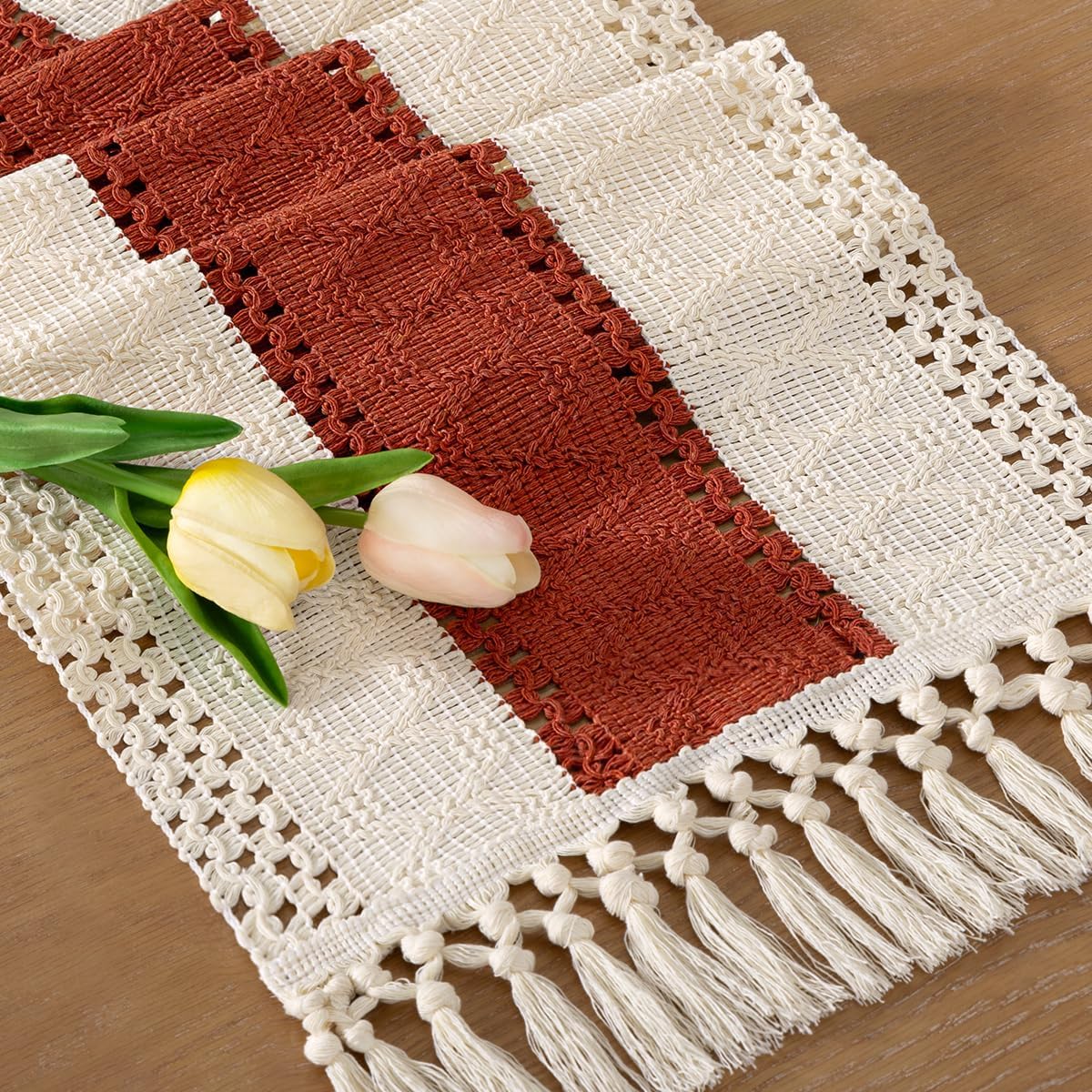 Socomi Boho Table Runner Fall Thanksgiving Farmhouse Rustic Dining Kitchen Small Macrame Woven Cotton Linen Coffee Table Runner for Dresser Scarf Home Decor 12x60 inch Terracotta Ivory