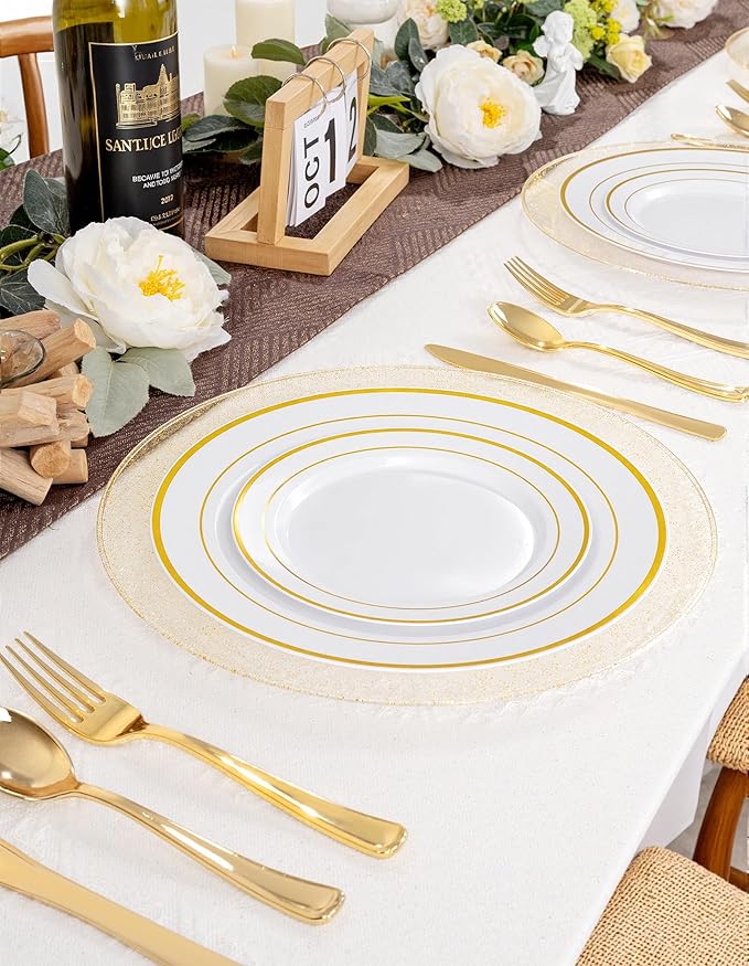 WDF 25PCS Glitter Gold Charger Plates - 12inch Gold Charge for Dinner - Plastic Chargers for Wedding Baby Shower Spring Birthday