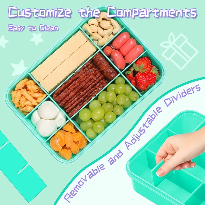 Snack Box Container for Kids - Adjustable 12-Compartment Snack Containers, Reusable Bento Box, Dishwasher Safe, BPA-Free, Perfect for School, Travel, Camping & Picnic, Green