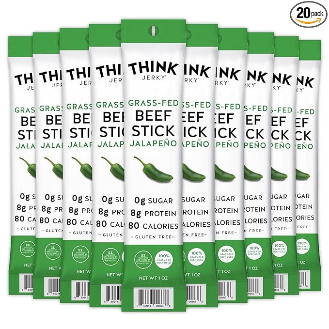 Think Jerky Jalapeno Beef Sticks, Gluten and Sugar Free, No Nitrates, Keto Paleo Friendly High Protein Low Carb Meat Snack - 1.0 oz Sticks, 20 Pack
