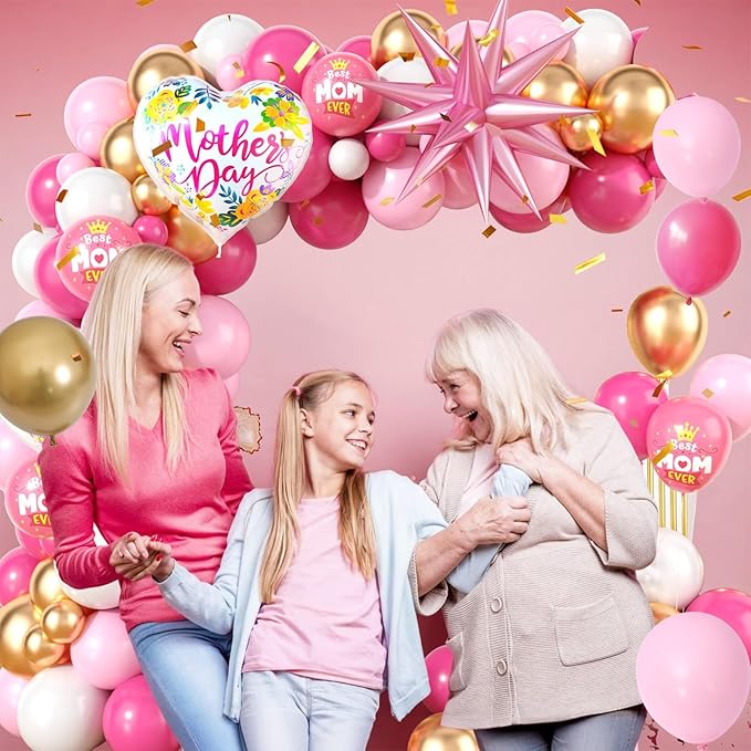 Mother's Day Balloon Arch, Hot Pink metallic Gold Balloon Garland Kit with Large Mon Printed Foil Balloons, Pink Mother Star Foil Balloons for Mom's Day Party Decorations