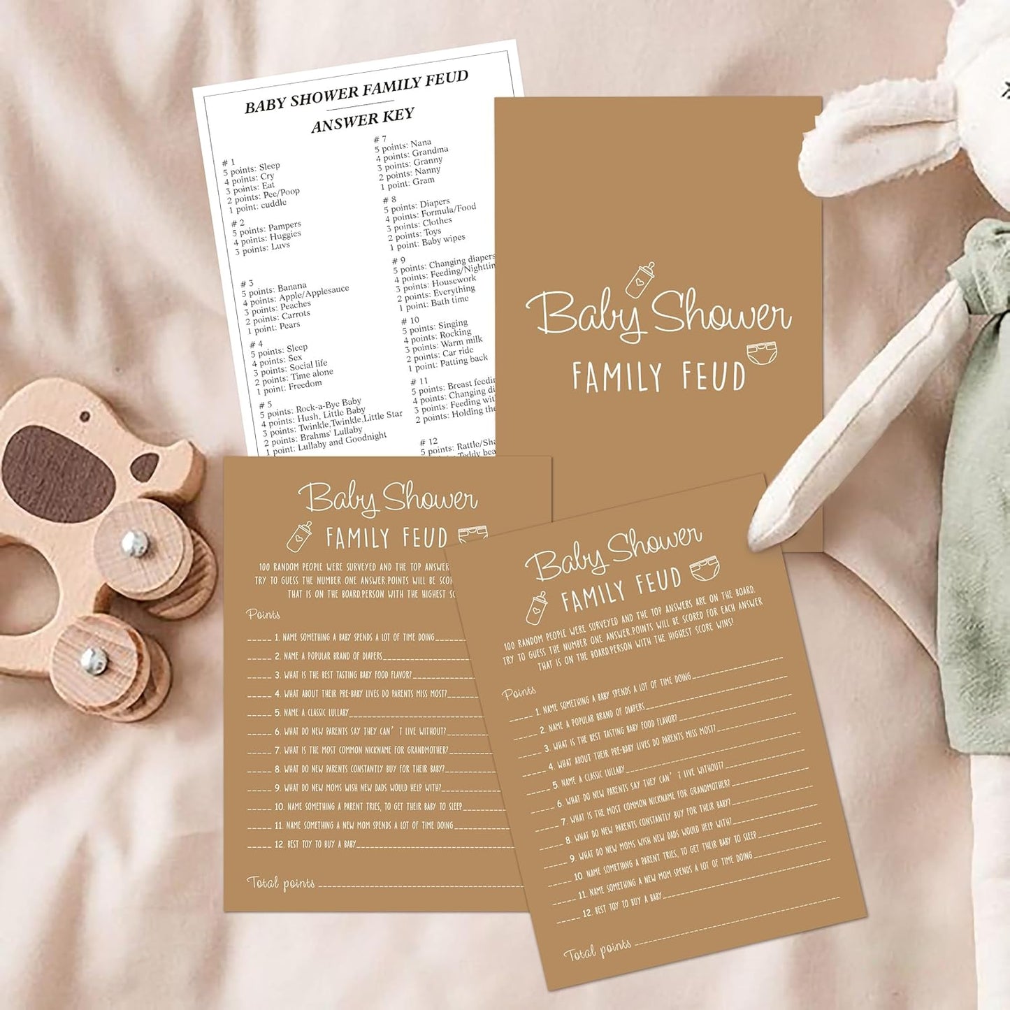 Family Feud Baby Shower Game - Pack of 30 Cards, Answer Key, Gender Neutral Decorations, Feud Game Supplies-01F-Caramel