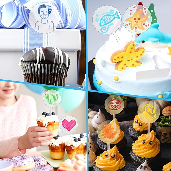 Yulejo 48 Pcs 2 Inch Blank Cupcake Toppers Sticks DIY Circle Clear Cupcake Picks Make Your Own Mini Cake Topper Sticks for Birthday Wedding Baby Shower Festival