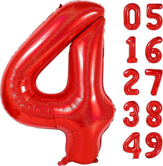 Laser Red 4 Balloon, Number Balloons 40 Inch, 4th Birthday Decorations for Girls Four Large Numbers for Party Decor, Number 4 Balloon