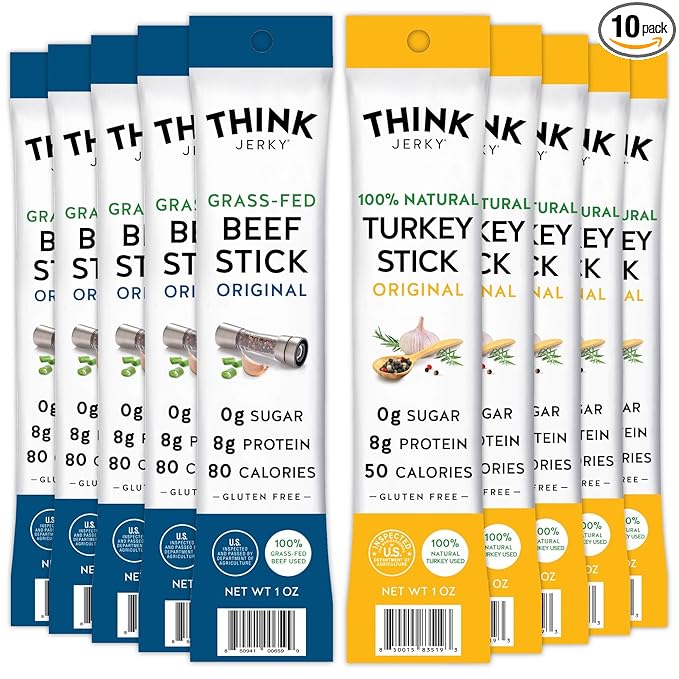 Think Jerky Stick Variety Pack, Sugar Free, Gluten Free, No Nitrates Keto Friendly Paleo High Protein - 1.0 oz (Pack of 10)