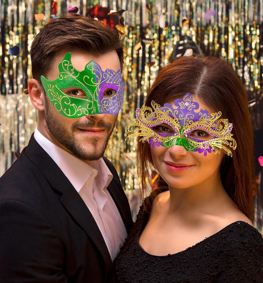 2025 Masquerade Masks for Couples, Shiny Rhinestone Metal Filigree Venetian Mask & Mens Venetian Mask for Mardi Gras