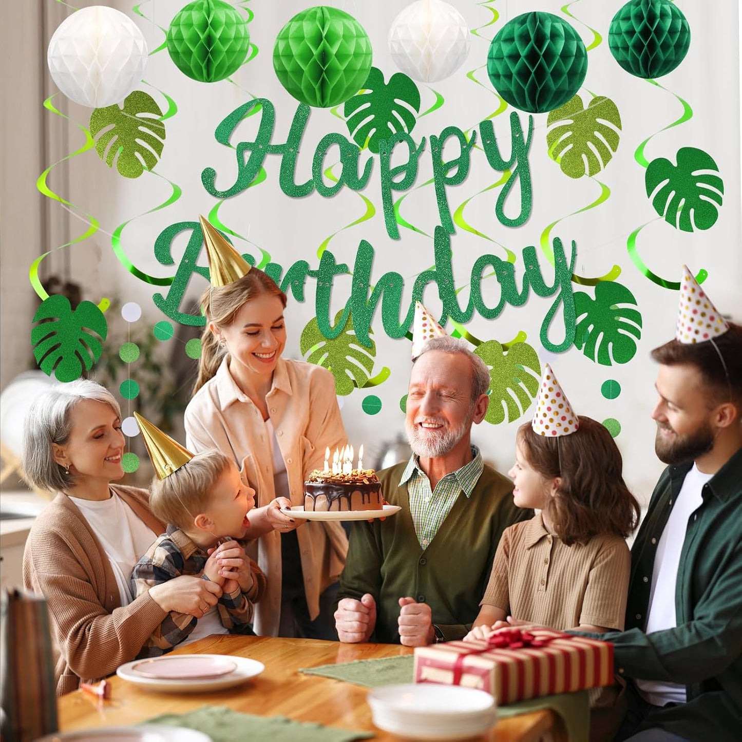 Birthday Decorations, NO DIY, Pre-Strung Happy Birthday Banner with Honeycomb Balls, Hanging Swirls, Circle Dots Garland, Happy Birthday Party Decorations for Women Men Boys Girls (Green)