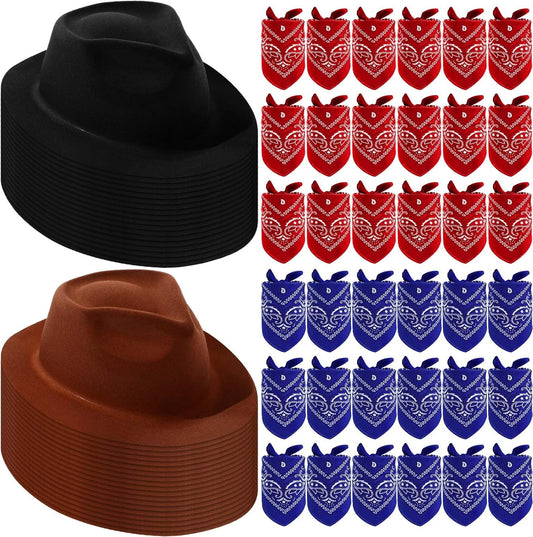 Hillban 72 Pcs Western Cowboy Hat and Paisley Bandana Set for Kids Felt Cowboy Party Hats for Costume Party Favors(Black, Brown)