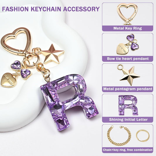 Cute Bling Keychain initial Letter Butterfly Star Pink Purple Gift for Women Girls Bag Cup Charms Accessories