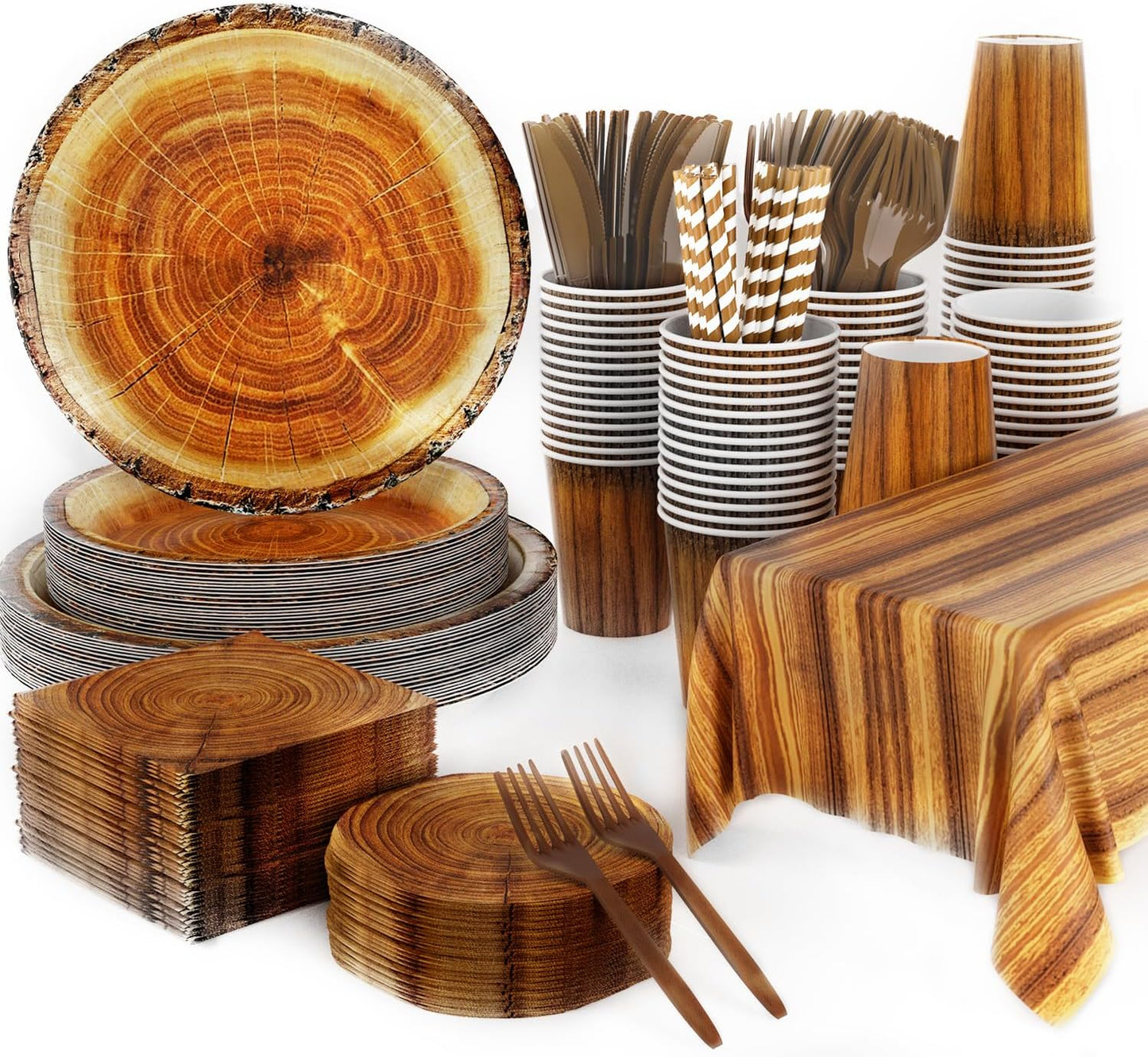 141pcs Camping Wood Grain Slice Party Decorations,Party setIncludes Dinner Plate Dessert Plate Paper Napkin Cup Knife Fork Straws Tablecloth Fire Camping Woodland Animal Lumberjack Supplies set