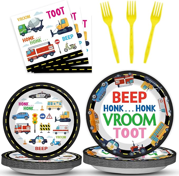 OBUSATT 96Pcs Transportation Party Supplies Traffic Jam Cars Trucks Paper Plates Napkins Construction Party Decorations Transportation Dinnerware Party Favor Transport Vehicle Tableware Serves 24