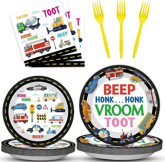 OBUSATT 96Pcs Transportation Party Supplies Traffic Jam Cars Trucks Paper Plates Napkins Construction Party Decorations Transportation Dinnerware Party Favor Transport Vehicle Tableware Serves 24