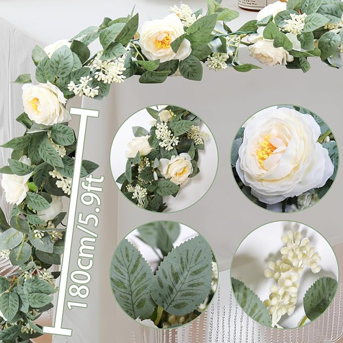 Uguisu 2Pcs Artificial Garland with Roses, 5.9ft Greenery Eucalyptus Garland for Wedding, Party, Mantel, Table, Indoor and Outdoor Decoration. Champagne