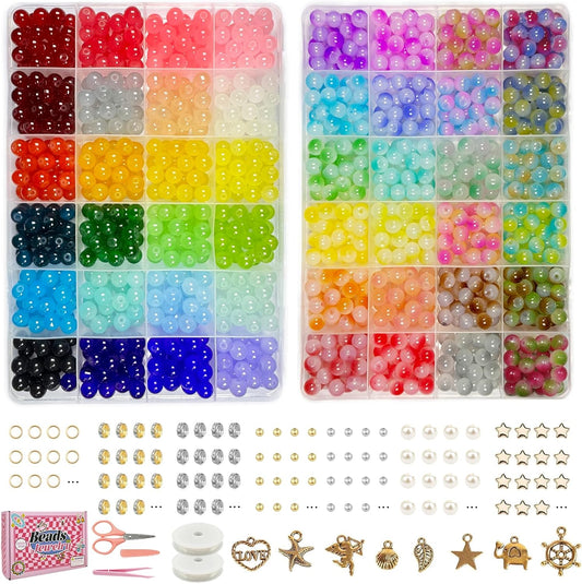 Dayify 1500 Pcs 8mm Glass Beads Bracelet Making Kit, 48 Colors Crystal Beads for Jewelry Making, Round Glass Beads with Charms for Bracelets and DIY Crafts (24 Solid Colors and 24 Mermaid Colors)