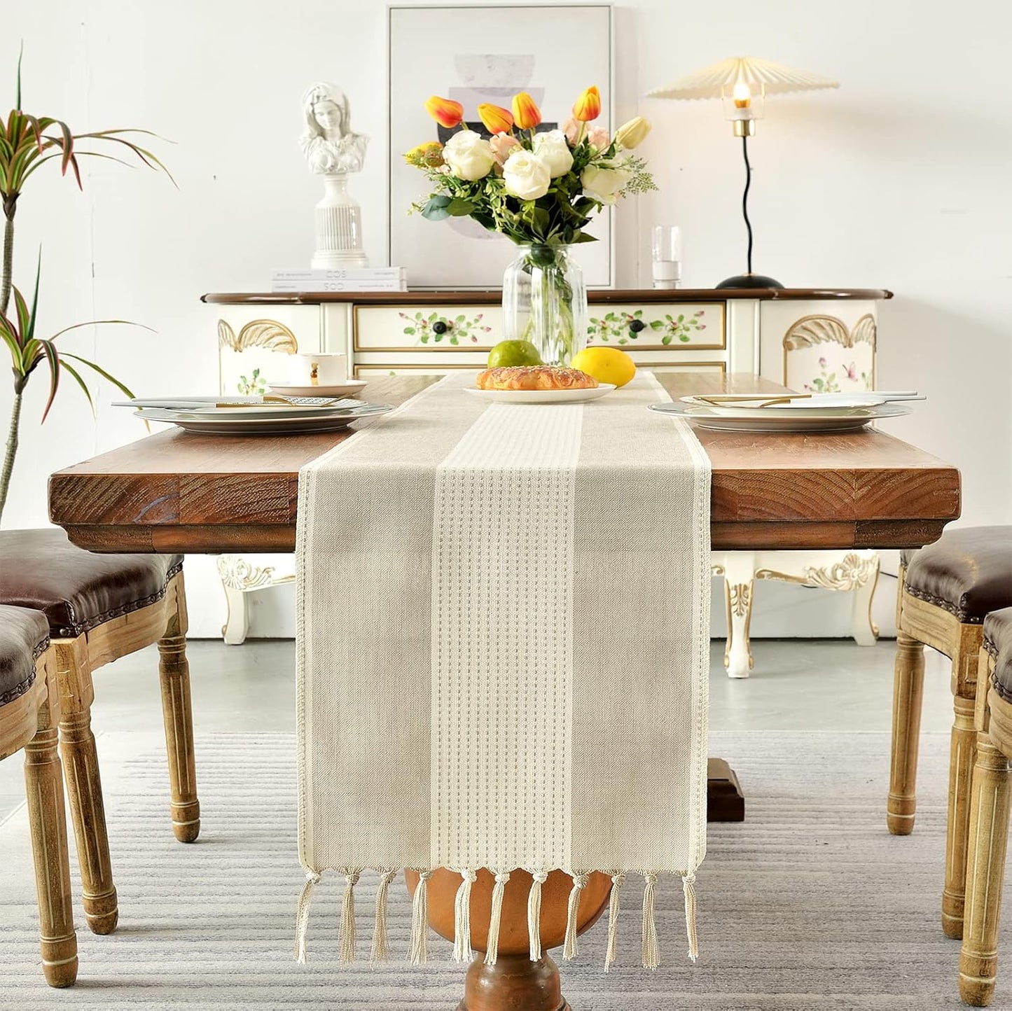 Wracra Linen Table Runner, Farmhouse Macrame Table Runners 60 Inches Long for Dining Table Decor, Wedding, Party and Dresser Decor (Light Coffee,60")