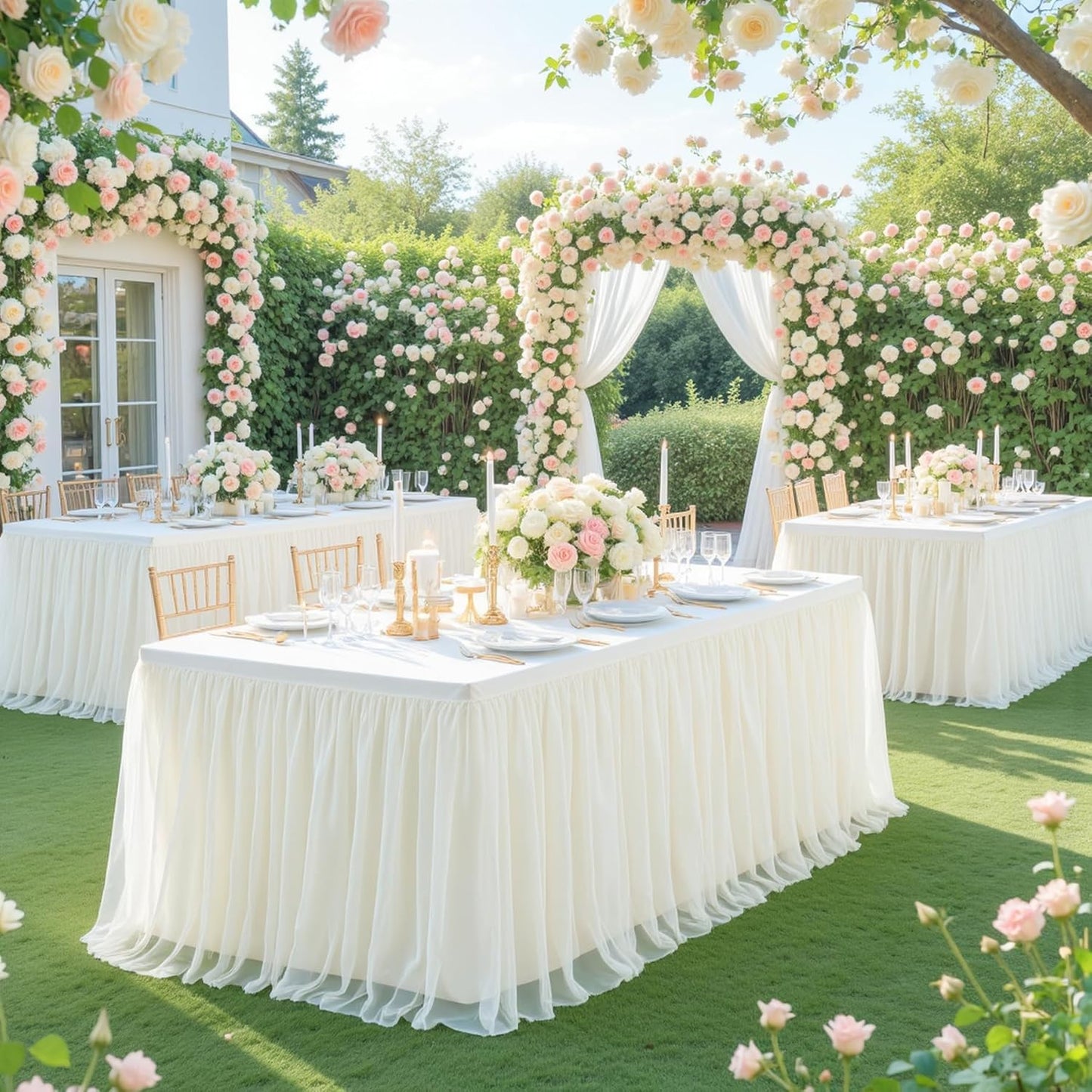 4 Pack 6ft Ivory Tulle Tablecloths for Rectangle Tables 6 Foot Ivory Rectangular Table Cloth Wrinkle Free Table Cover with Tutu Skirt for Wedding Baby Shower Birthday Party Banquet Buffet Cake