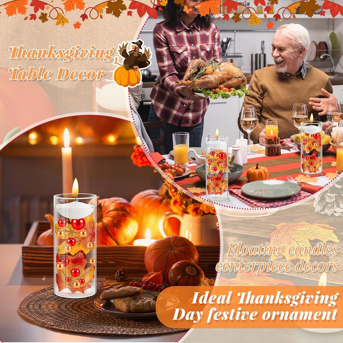 MTLEE 124 Pcs Thanksgiving Vase Filler Faux Pearl for Vase Filler with 8 White Unscented Candles for Fall Thanksgiving Home Table Party Festival Decors, Not Included Clear Beads(Maple Leaves)
