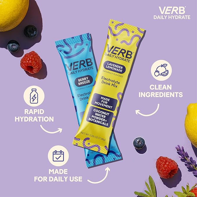 Verb Daily Hydrate Sugar Free Electrolyte Drink Mix - Lavender Lemonade, Zero Sugar Instant Hydration Packets for Daily Use, Essential Electrolytes Powder for Rehydration, Dehydration Relief, 12 Pack
