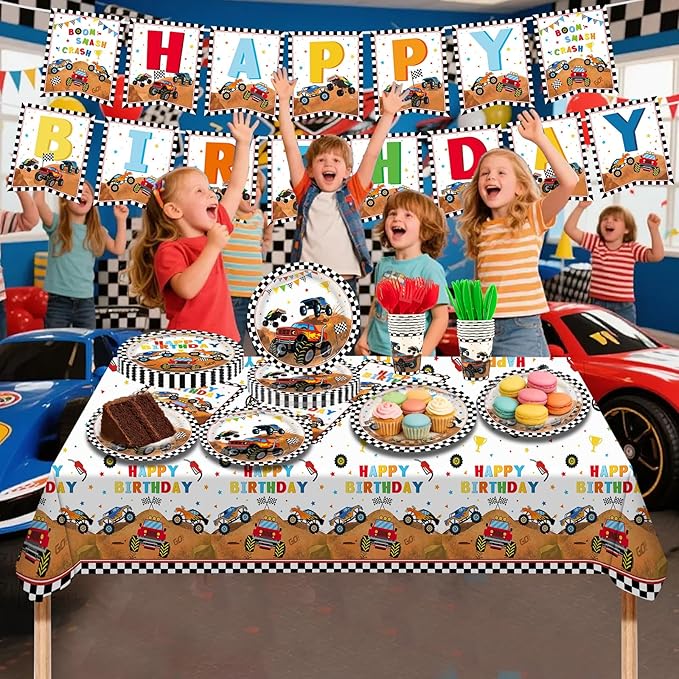 182pcs Monster Truck Party Supplies,Kids Birthday Plates and Napkins Set for Boys Birthday Party Decorations,Serves 30 Guests