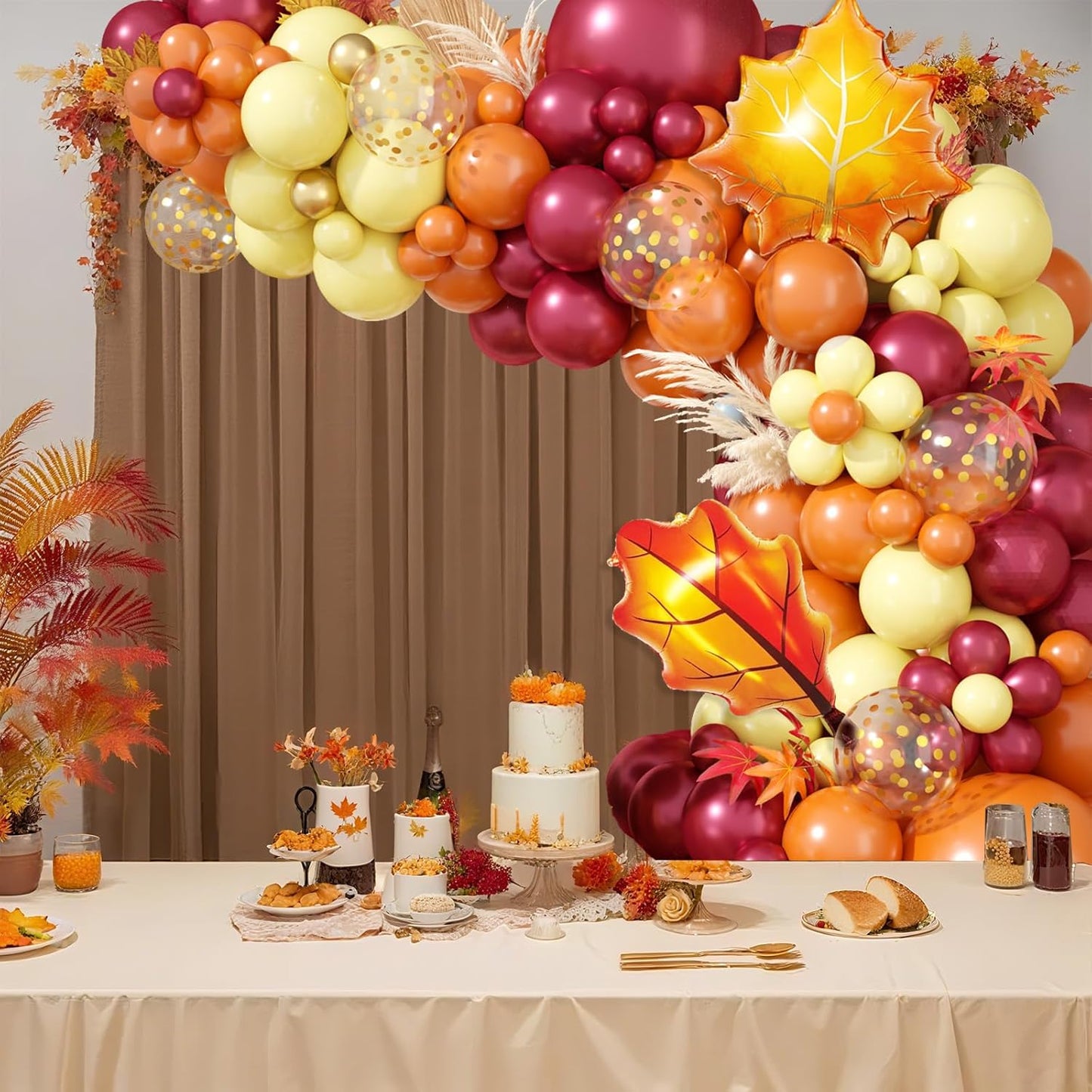Fall Balloon Arch Kit, Thanksgiving Balloon Garland with Wine Red Orange Pastel Yellow Balloons with Leaf Foil Balloons for Thanksgiving Autumn Fall Birthday Baby Shower Party Decorations