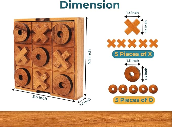 BSIRI Wooden Tic Tac Toe Game - Brain Teaser Puzzles for Adults Games and Unique Gifts, Coffee Table Decor Living Room Decor Modern Wood Decor (5.5 Inch)