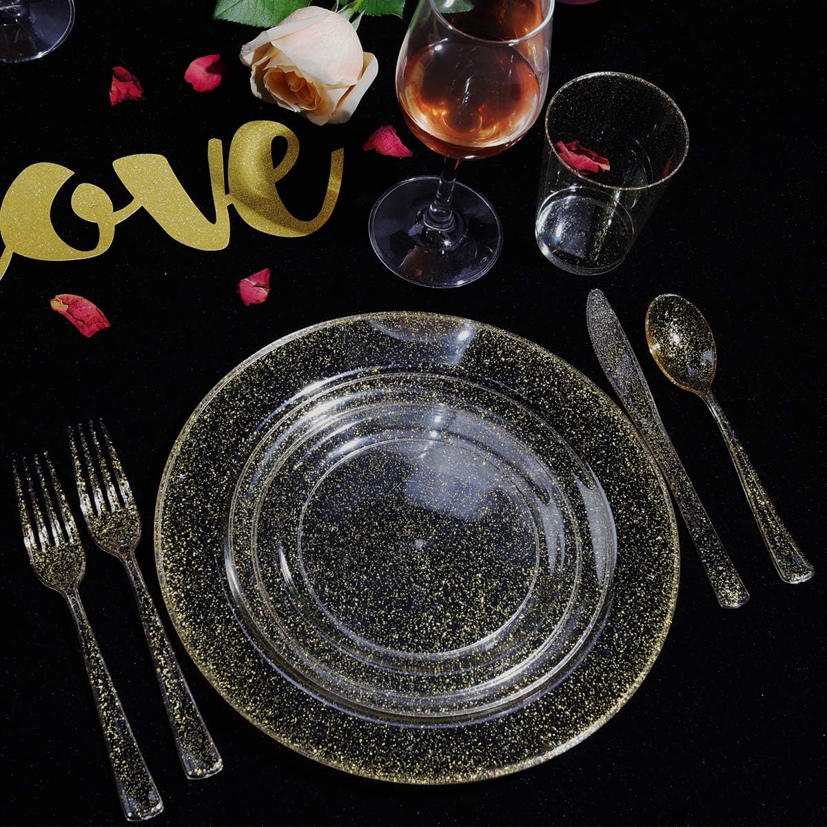 WELLIFE 175 Pieces Gold Glitter Plastic Plates with Silverware and Cups, Includes: 50 Plates, 50 Forks, 25 Knives,25 Spoons and 25 Cups for Party