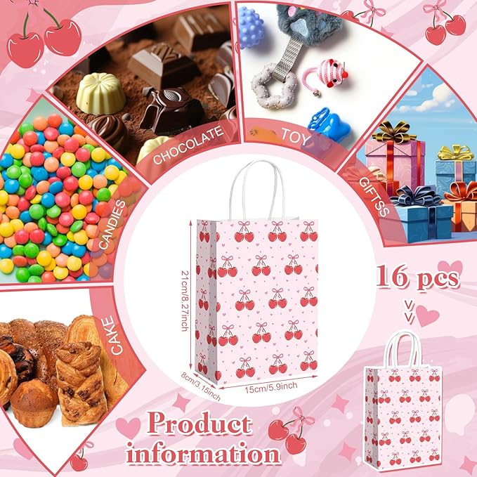 Kolldenn 16 Pcs Coquette Cherry Bow Paper Gift Bags Women Mother's Day Birthday Favor Goodie Candy Bags with Handles for Bridal Engagement Baby Shower Party Supplies