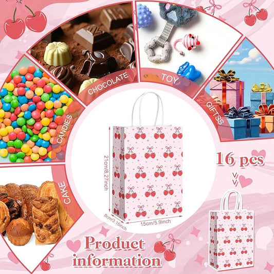 Kolldenn 16 Pcs Coquette Cherry Bow Paper Gift Bags Women Mother's Day Birthday Favor Goodie Candy Bags with Handles for Bridal Engagement Baby Shower Party Supplies