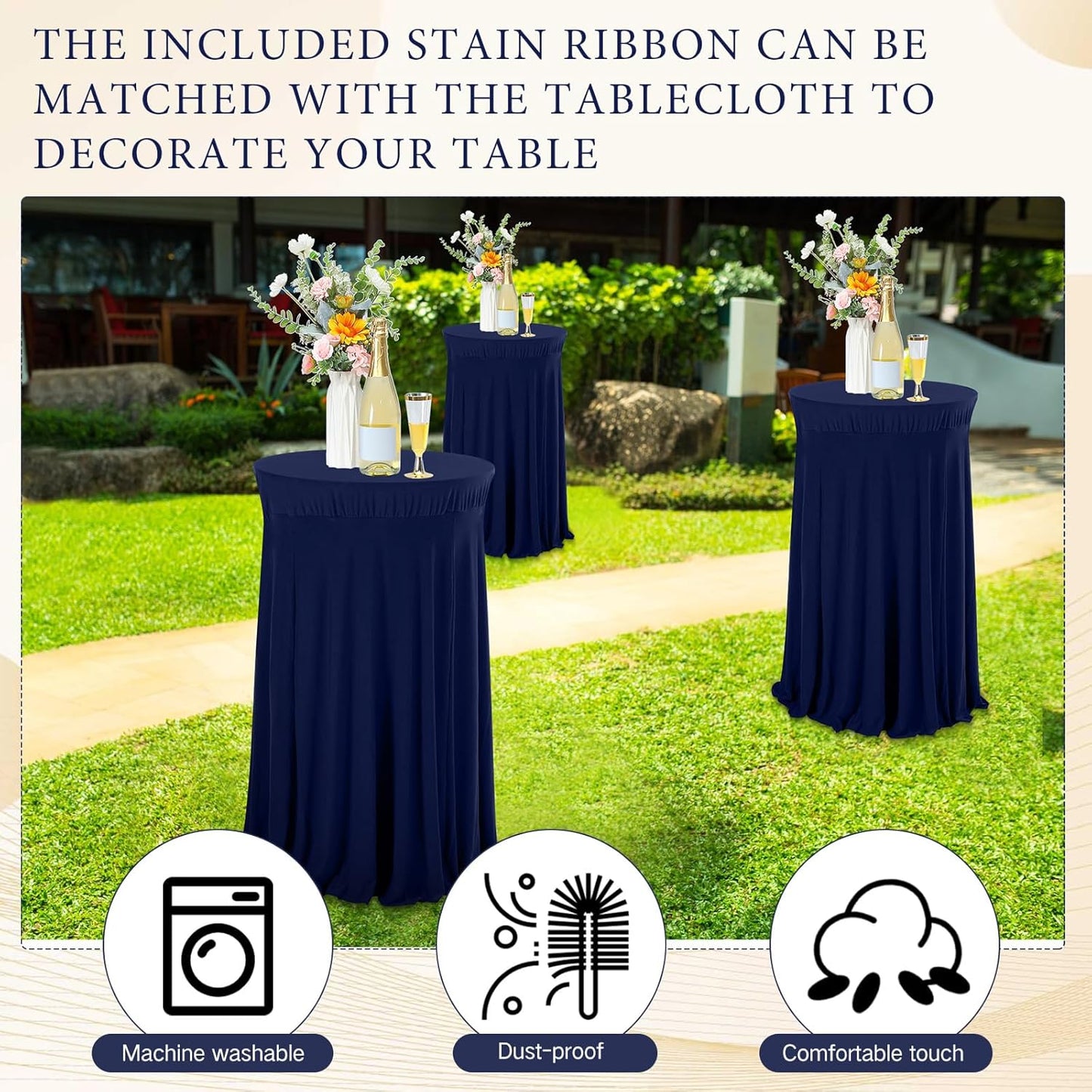 Tegeme 1 Pack 32 x 43 Inch Round Spandex Cocktail Tablecloths with Skirt Cocktail Round Table Cover Spandex Stretch Tablecloth for Fitted High Top Table Bar Wedding Party Banquet (Navy)