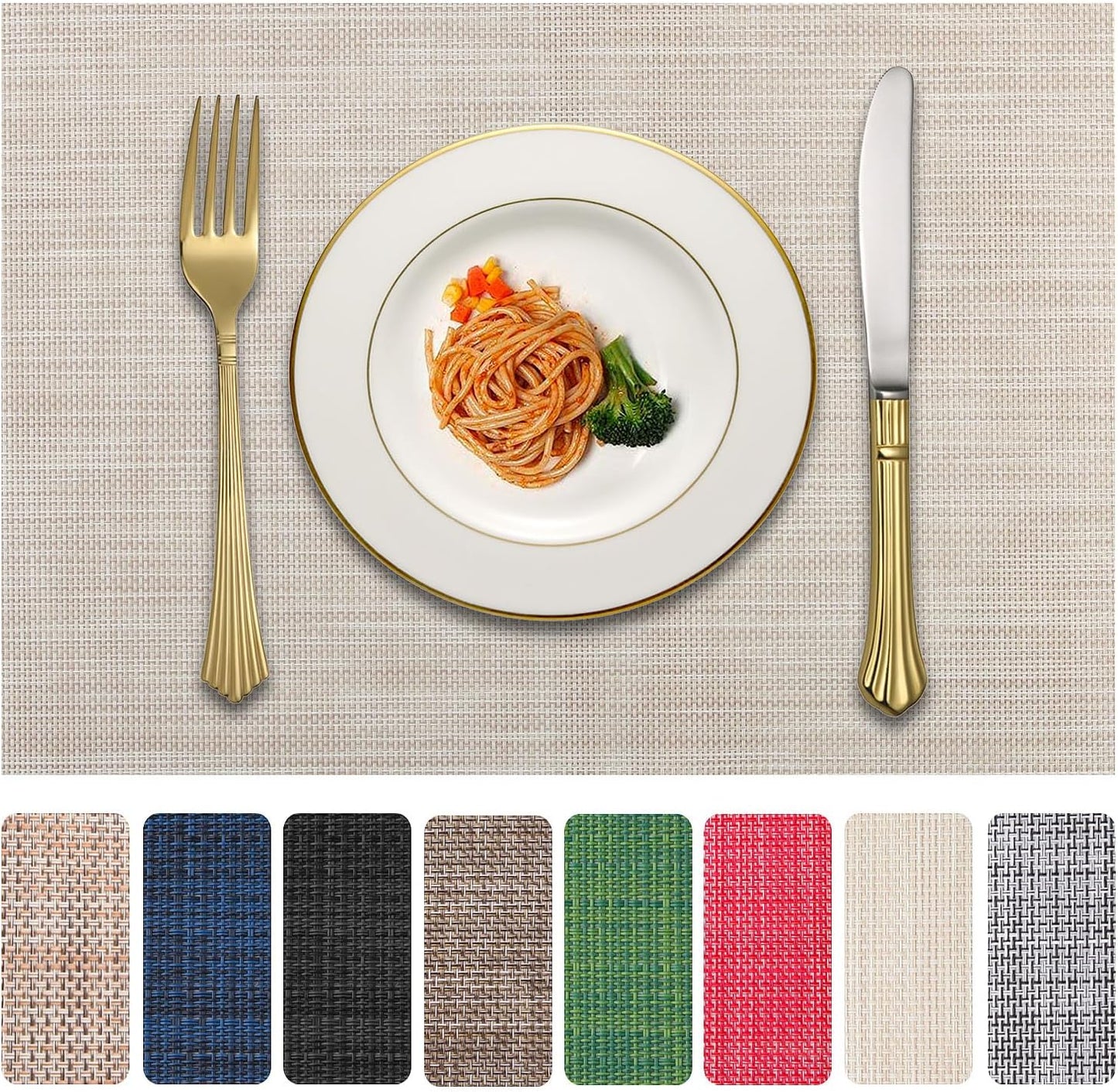 Vinyl Placemats Set of 4, PVC Woven Washable Non-Slip Table Mats, Heat Resistant Wrinkle Free Place Mats for Dining Table, Easy to Clean (4, Beige)
