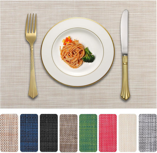 Vinyl Placemats Set of 4, PVC Woven Washable Non-Slip Table Mats, Heat Resistant Wrinkle Free Place Mats for Dining Table, Easy to Clean (4, Beige)