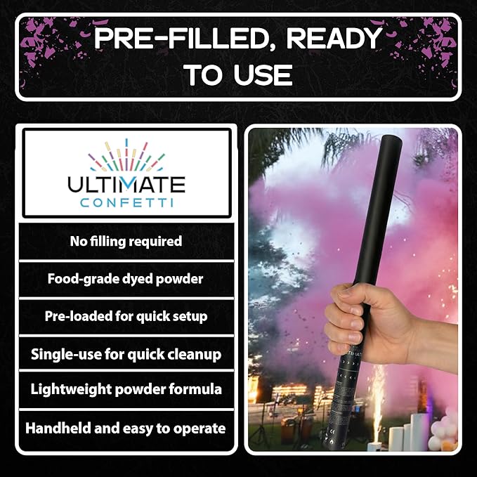 Ultimate Confetti – Handheld Gender Reveal Powder Cannon 24” Pink – Non-Toxic Food-Grade Powder Popper Cannon – Pre-Filled, Leak-Resistant Single-Use Cannon – 15–25 ft Outdoor Photo-Ready Explosion