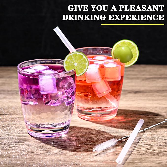 6 Pcs Plastic Drinking Tumblers of 14 oz, Acrylic Drinking Glasses with Straw&PP Brush, BPA-Free, Stackable Water Cups, Clear Cups for Juice, Wine (14 oz-6 pcs)