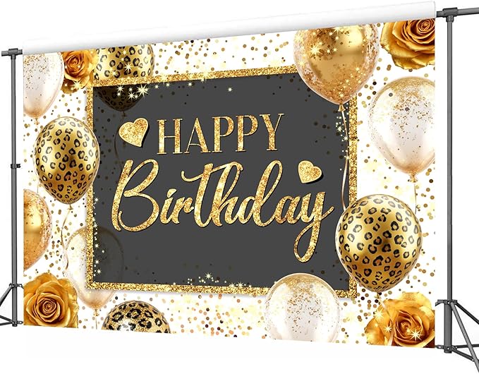 Homewelle Happy Birthday Backdrop 7Wx5H Feet Polyester Fabric Gold Leopard Balloon Love Heart Rose Elegant Flower Confetti Decoration Girly Gold Glitter Photography Background Photo Shoot Props