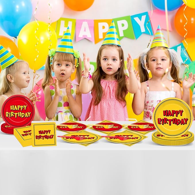 96PCS Cartoon Animation Birthday Paper Plates and Napkins for Cartoon Happy Birthday Party Decorations Red and Yellow Cartoons Animation Dinnerware Set for Boys Girls Kids Party Supplies Serve 24