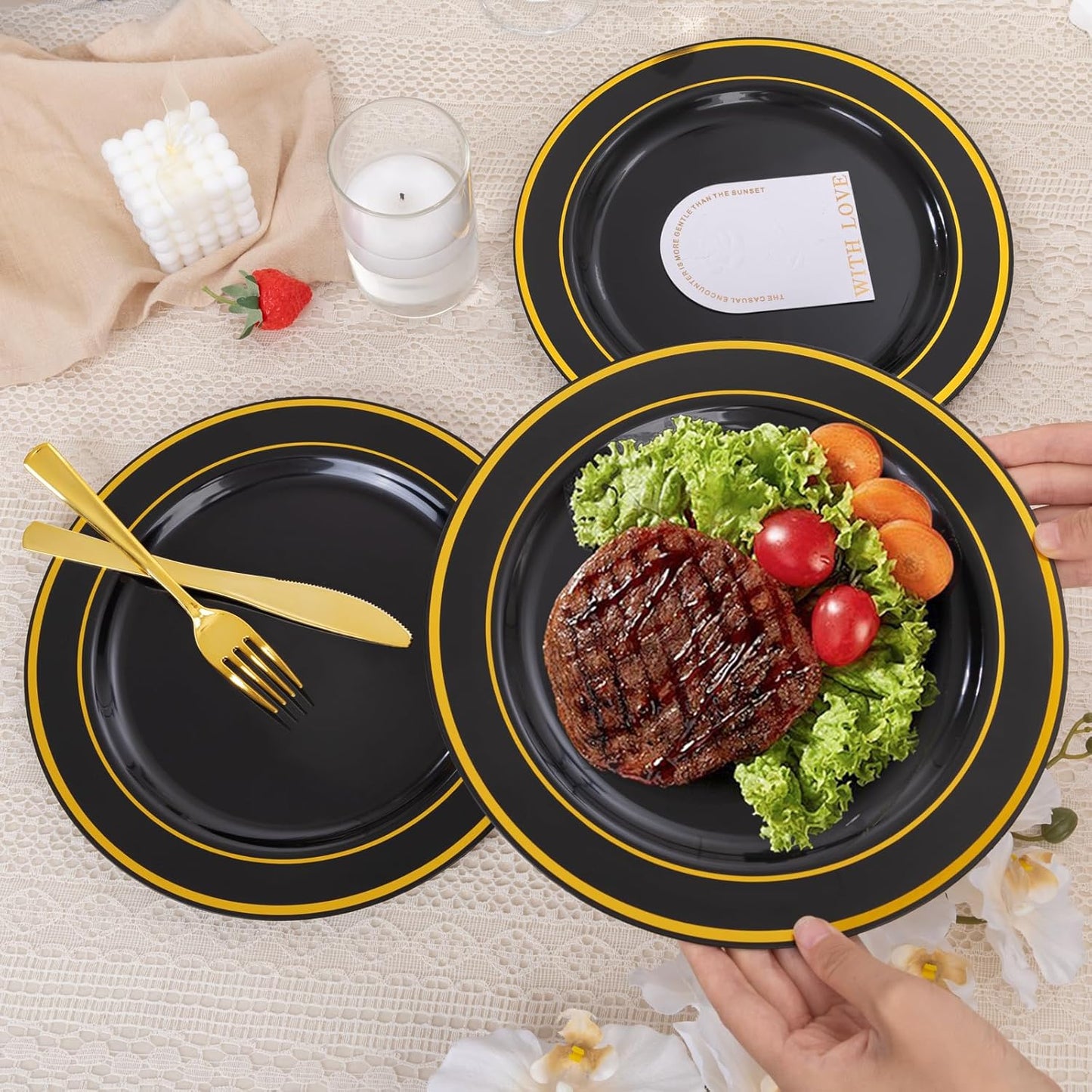 bUCLA 100 Pieces Black and Gold Plastic Dinner Plates - 10.25 inch Black Disposable Plates with Gold Rim - Ideal for Party, Graduation & New Year
