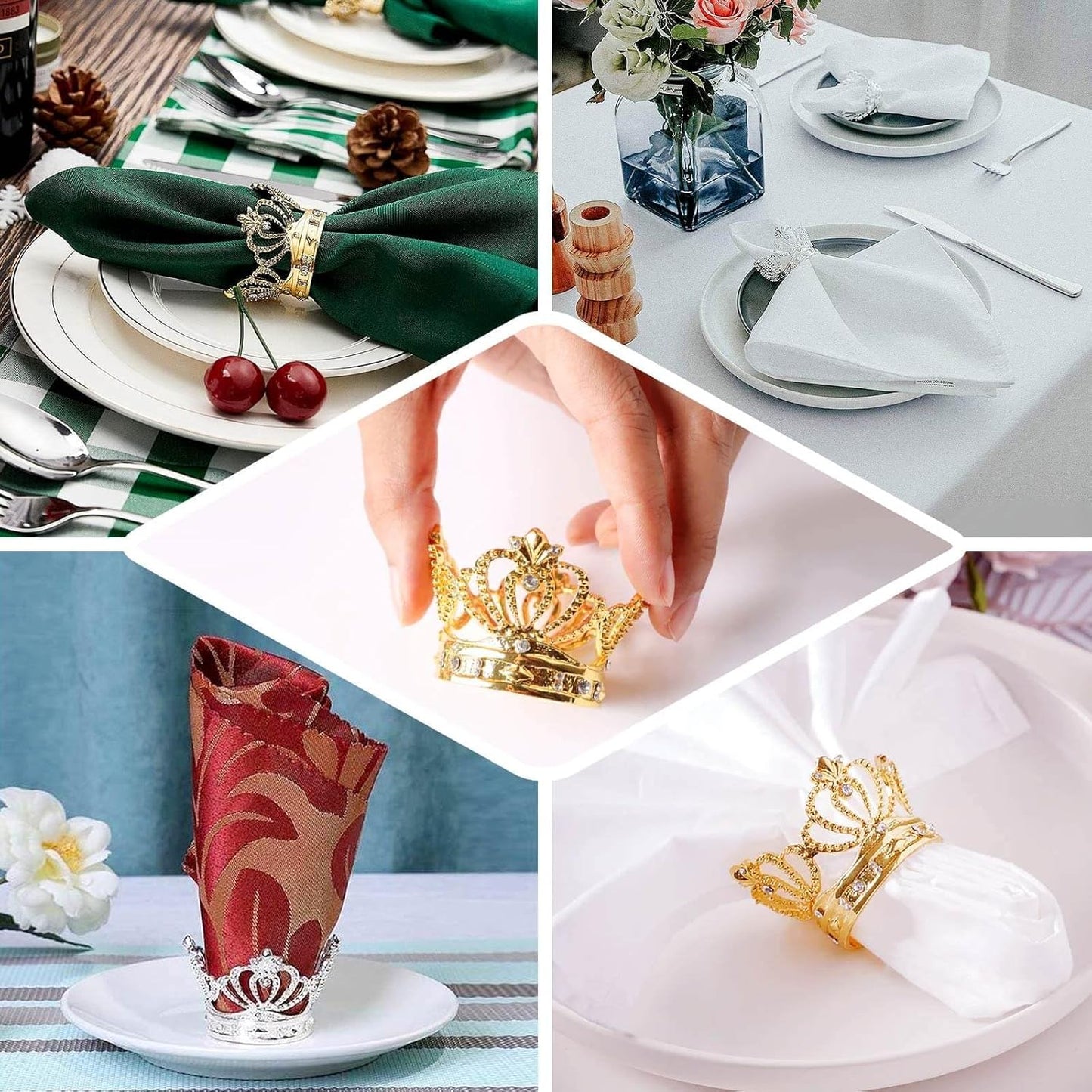 Efavormart 4 Pack | Silver Metal Crown Rhinestone Napkin Rings, Royal Bling Napkin Holders
