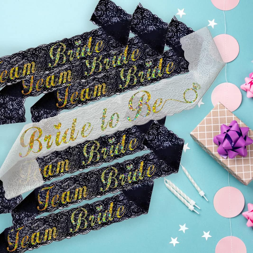 Team Bride Sash Set- 1 White Lace Bride to Be Sash and 6 Team Bride Sashes for Bachelorette Party Supplies