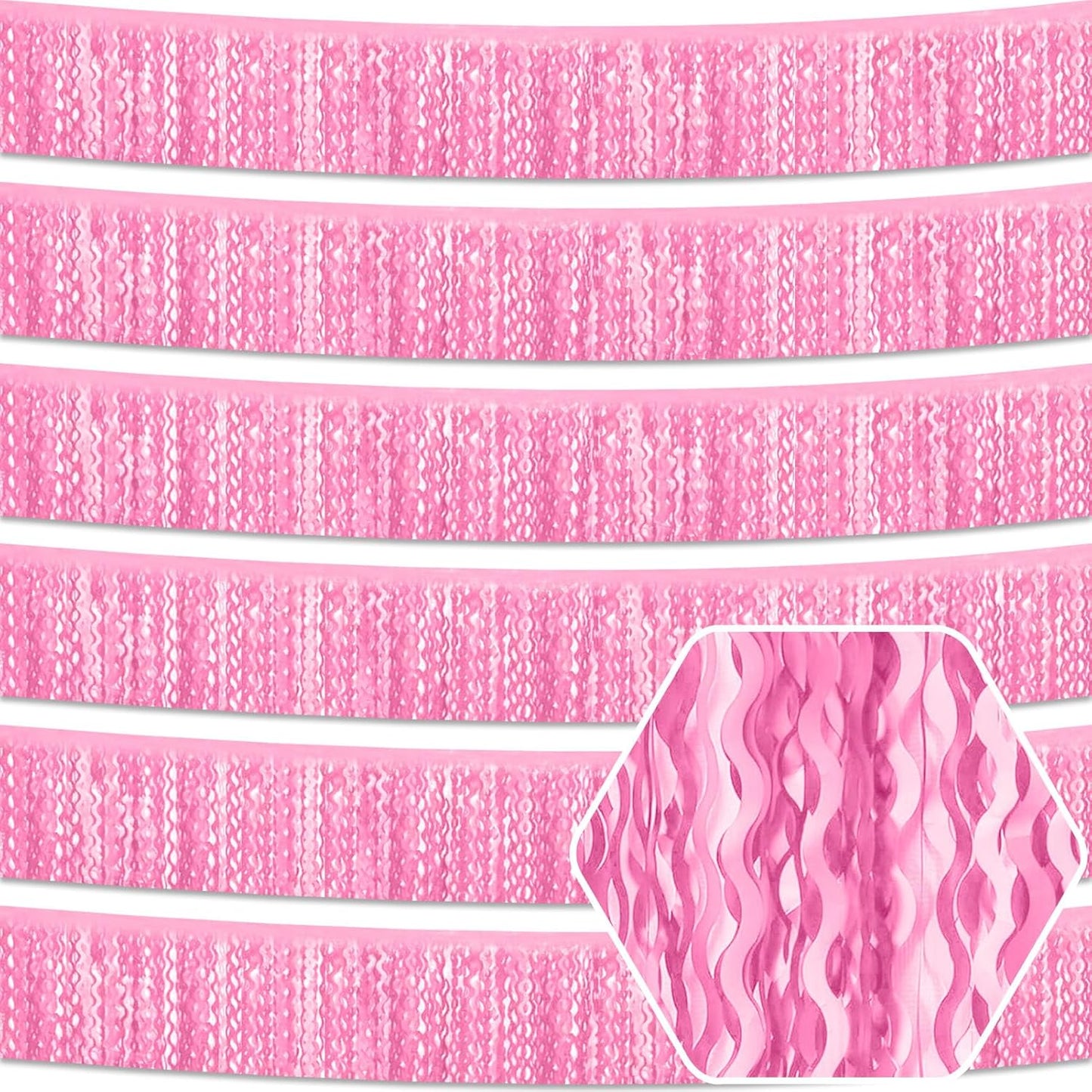 6 Pack 10 Feet Macaron Pink Wave Foil Fringe Garland Metallic Tinsel Streamers Banner Wall Hanging Curtain Backdrop for Parade Floats, Mother's Day, Easter, Wedding, Birthday Party Decoration